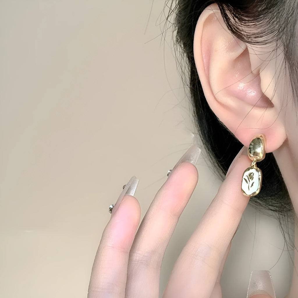 Asymmetric S925 silver needle ear stud with geometric floral electroplated alloy finish for women