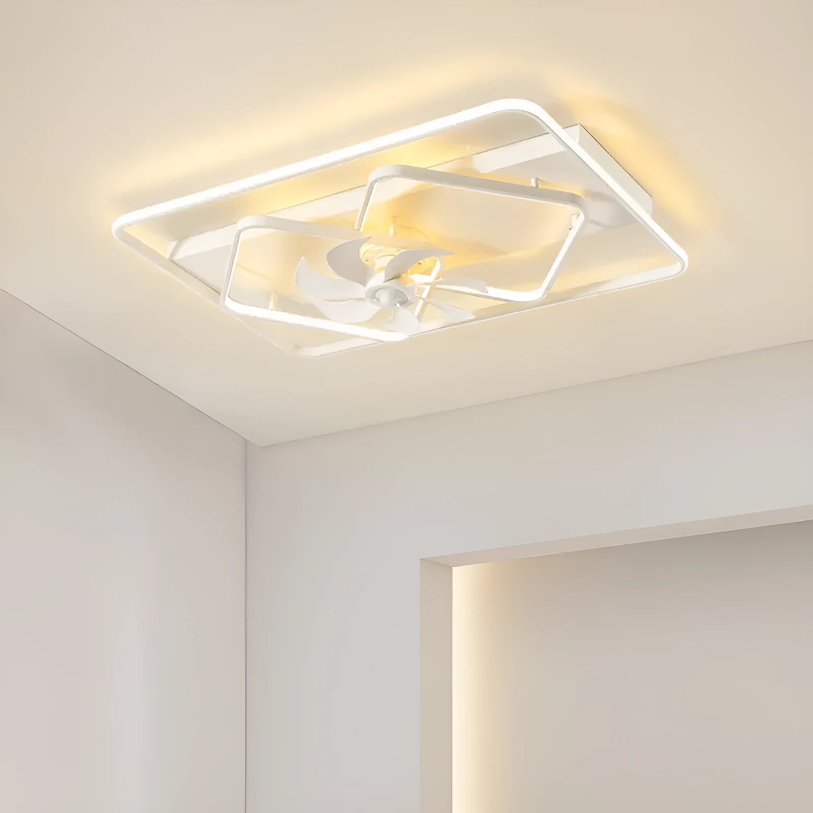 Modern thin suction ceiling fan light with plastic blades and an acrylic lampshade, shown installed.