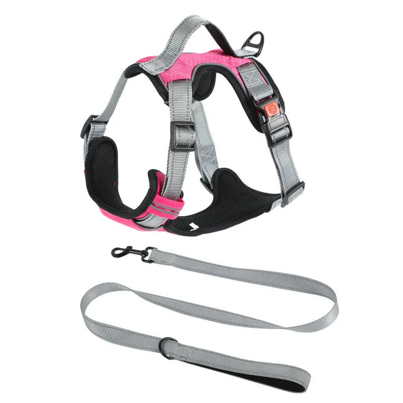 Orange polyester dog chest strap vest harness with an adjustable strap and a matching hand holding rope.