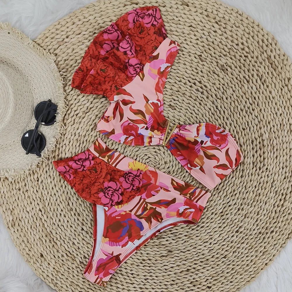 Pink floral print one-shoulder ruffled bikini with high-waist briefs