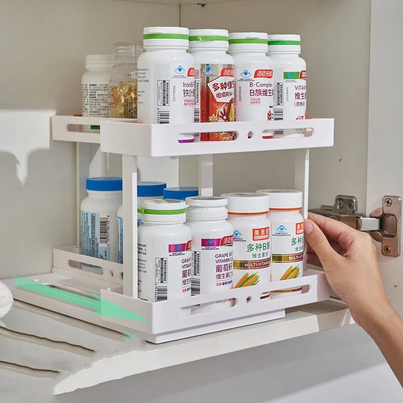 Plastic pull-out spice rack with double layer in milk white for under sink kitchen cabinet storage
