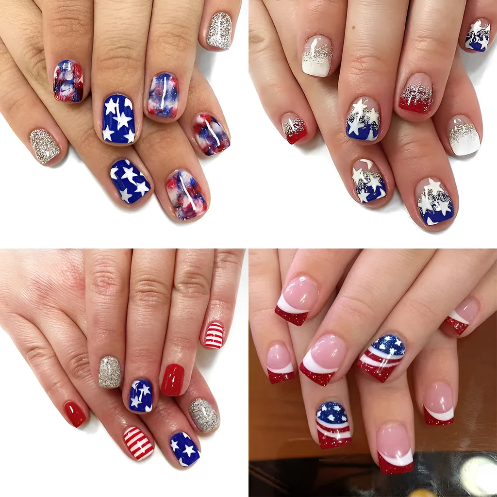 Independence Day nail stickers with American five-pointed stars in red, white, and blue colours