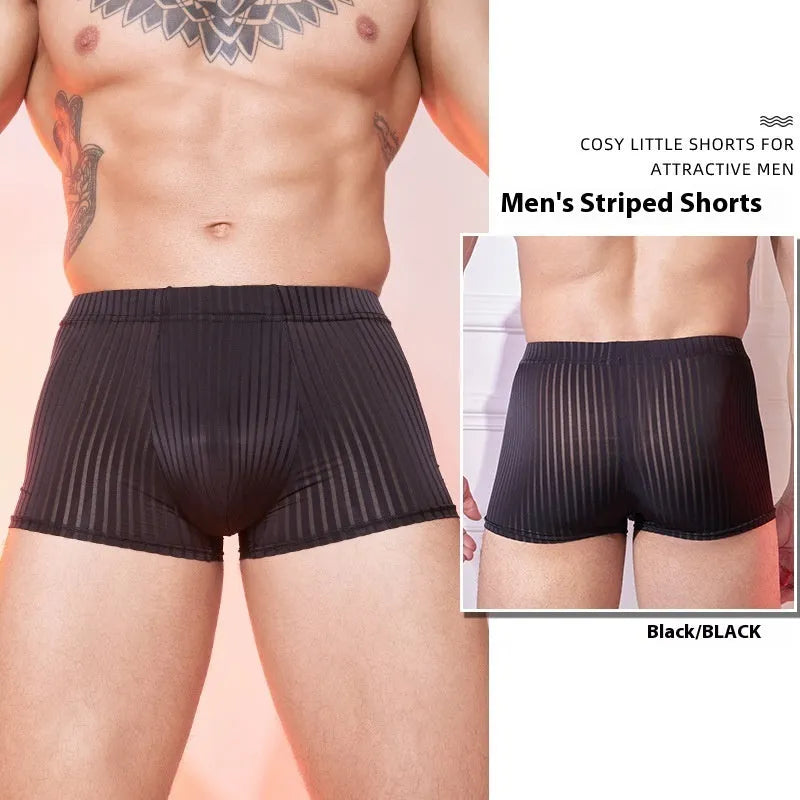 Men's striped underwear in thin nylon fabric, shown in black, white, and dark grey colours.