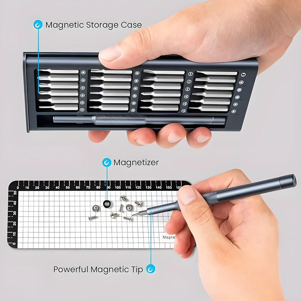 25-in-one precision screwdriver set with magnetic tip and chrome vanadium steel bits on a white background.