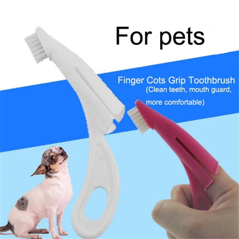 Red and white pet finger toothbrush for dogs and cats with silicone bristles and finger-sleeve design