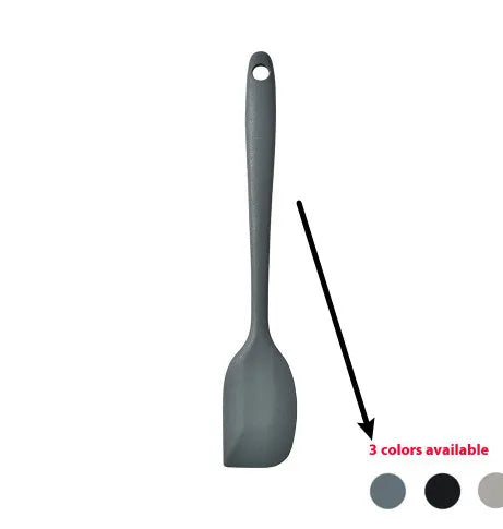 12-piece silicone kitchen utensil set in rotating storage bucket, including spatula, spoon, ladel, and egg beater on kitchen counter.