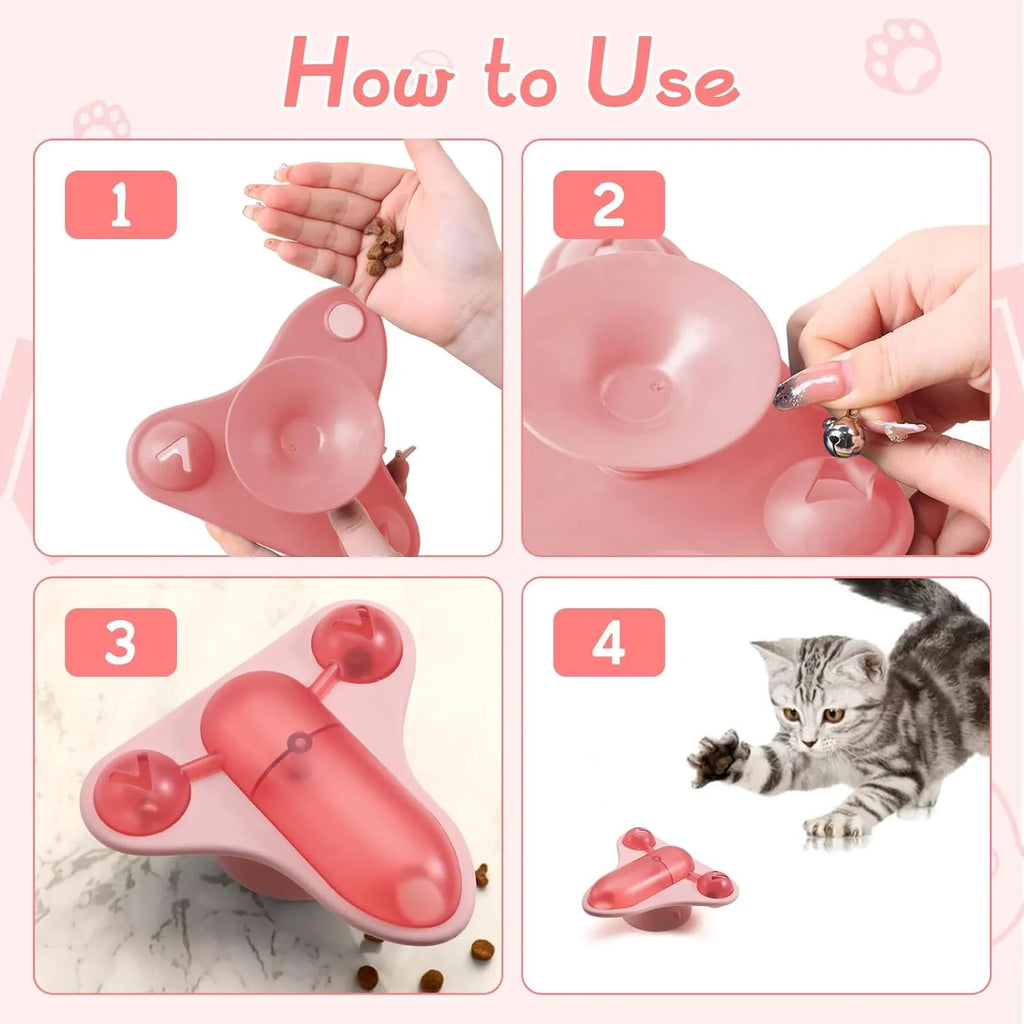 Blue interactive pet puzzle toy with bell and catnip attachments on smooth floor surface