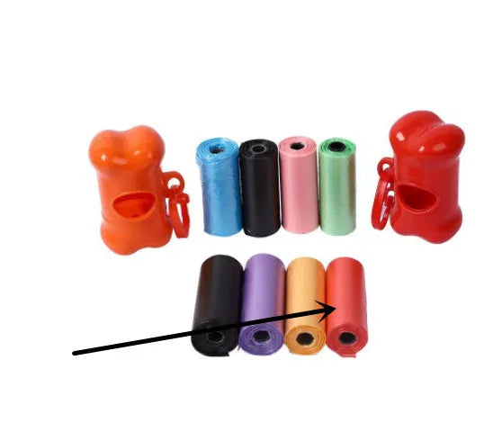 Coloured rolls of dog waste bags showing various colour options with 22.5x30cm dimensions