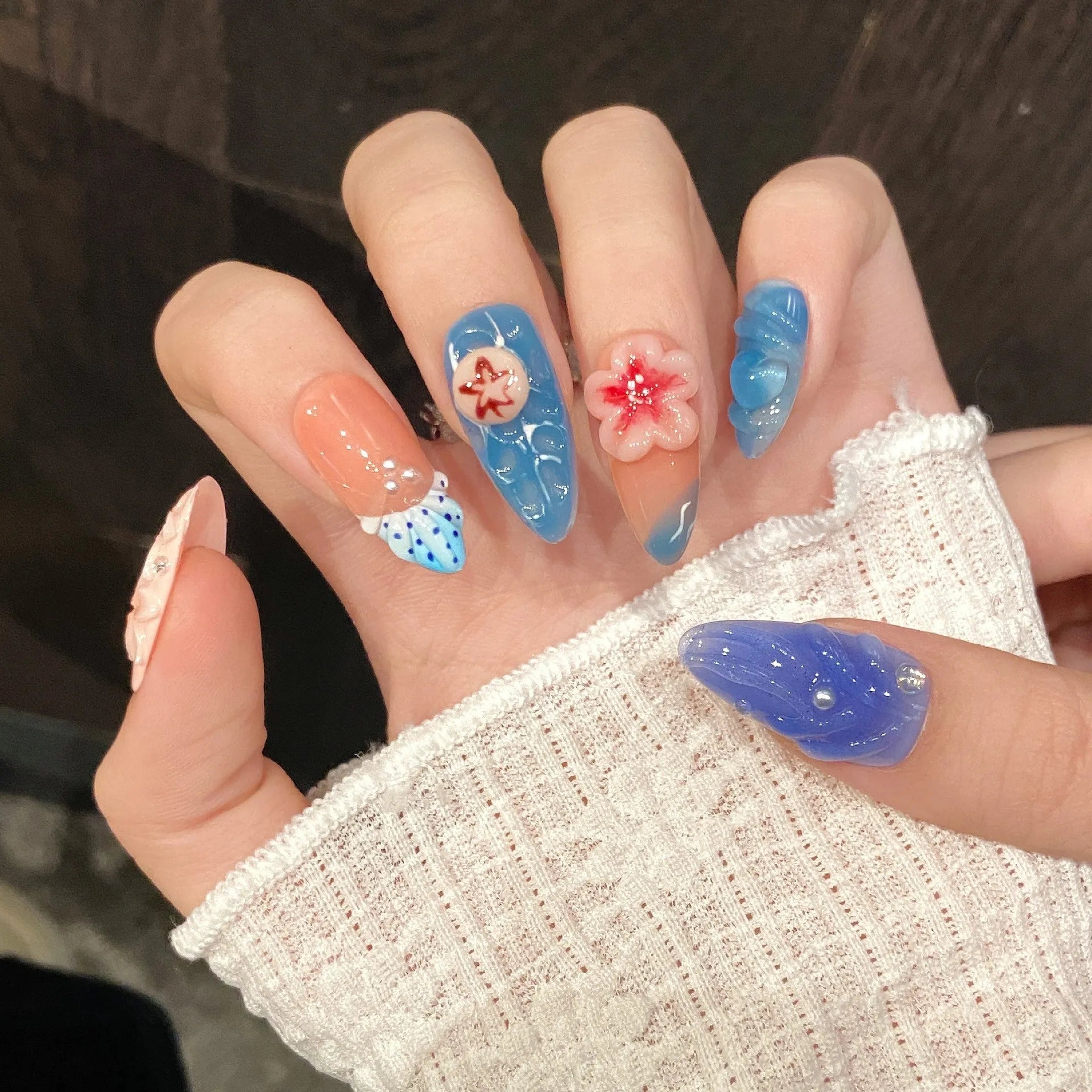 3D carved jellyfish plastic wearable armour set in almond nail colour with rose and tulip patterns