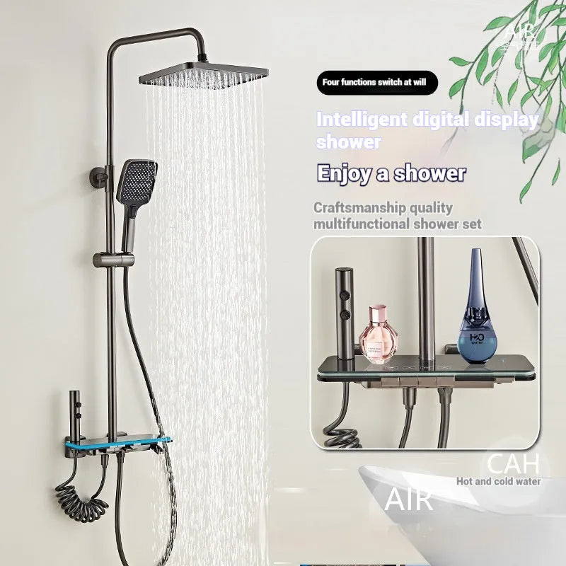Digital display thermostatic shower head set with aluminium finish in concealed installation