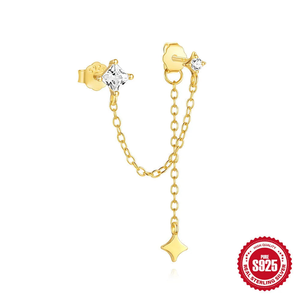 S925 sterling silver double ear piercing stud earrings with zircon stones in gold tone clover, crown, and chain horse eye designs.
