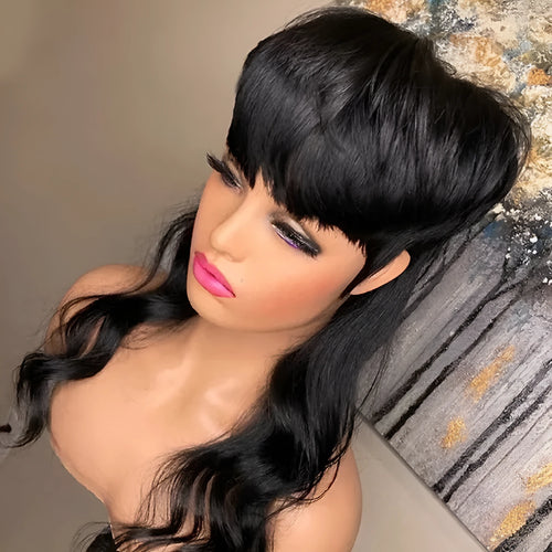 Black Brazilian synthetic wig with bangs, short front and long back hair.