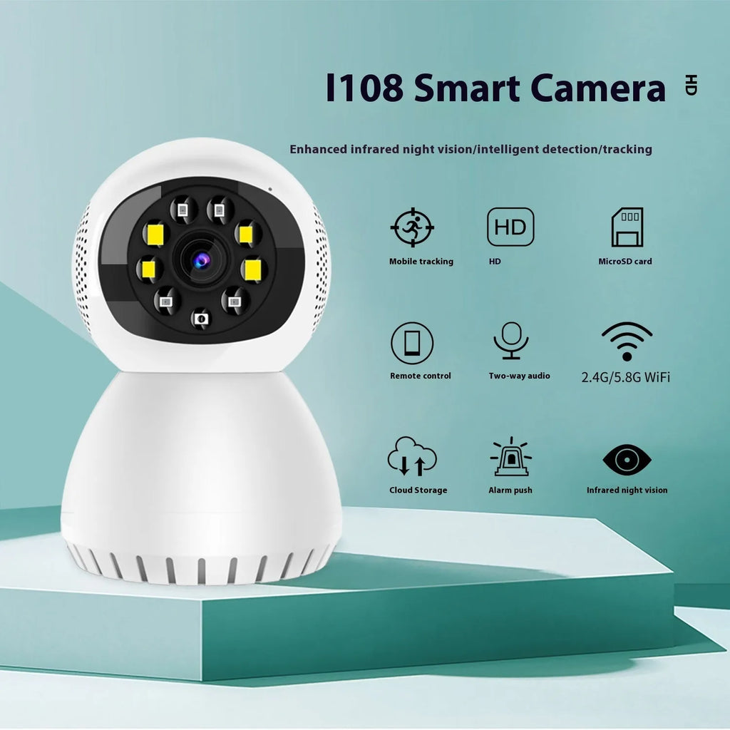 White 1080p dual-frequency wireless home security camera with 12mm lens on a mounting bracket.