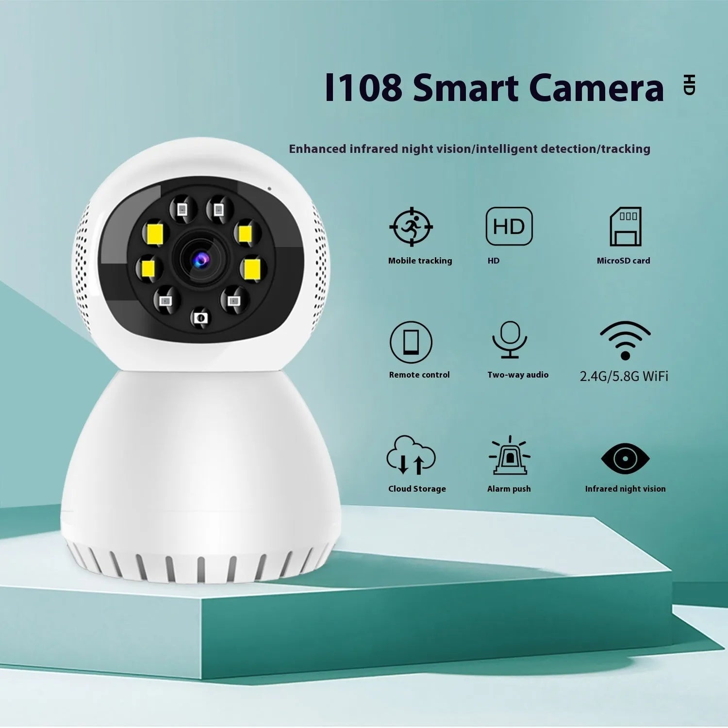 White 1080p dual-frequency wireless home security camera with 12mm lens on a mounting bracket.