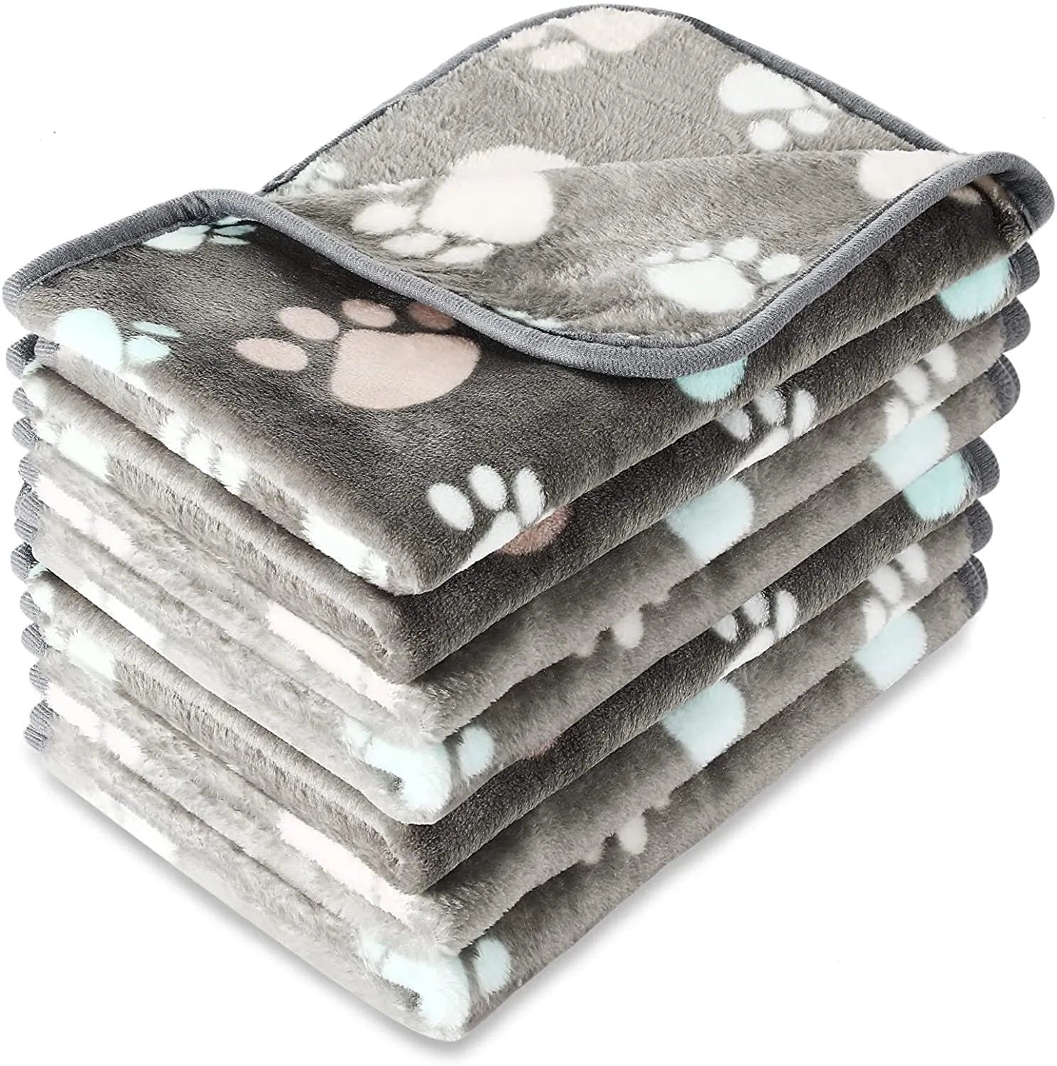 Coral fleece pet blanket with dog paw print pattern shown in beige colour, lying flat to show size