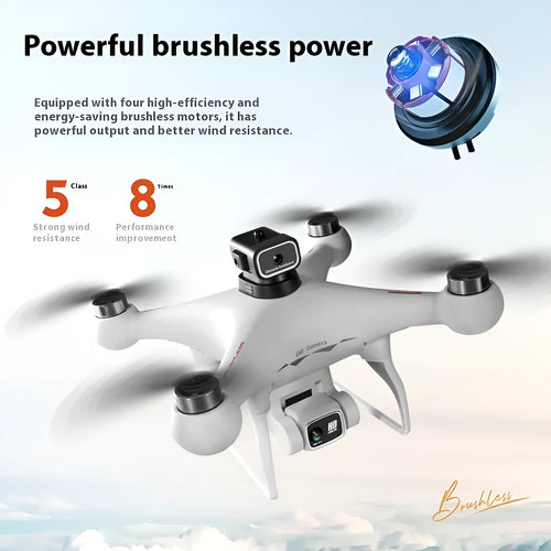 Black and white plastic brushless UAV drone with four obstacle avoidance sensors and a camera.
