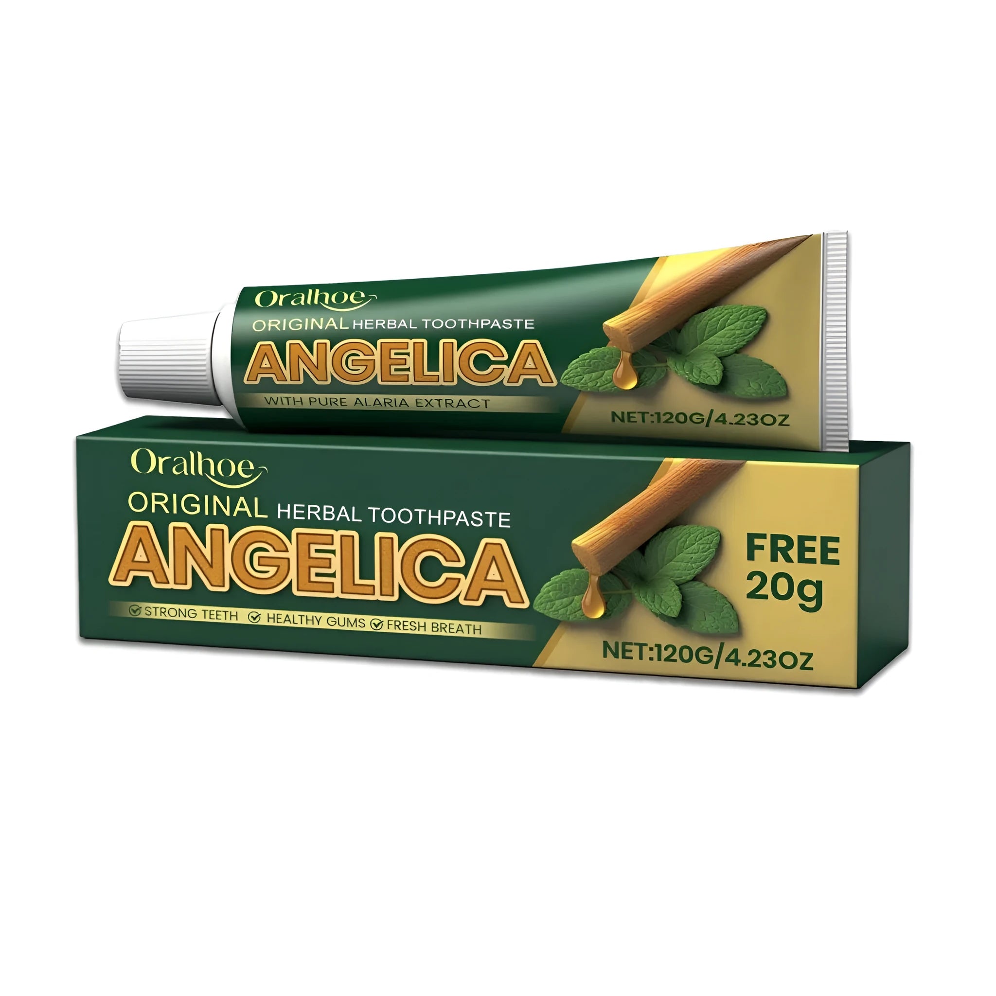 120g tube of herbal toothpaste with angelica sinensis and kelp extract on a blue background.