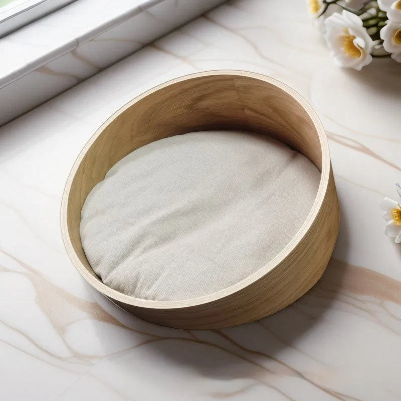 Solid wood cat bed indoor cattery natural wood colour 35cm diameter