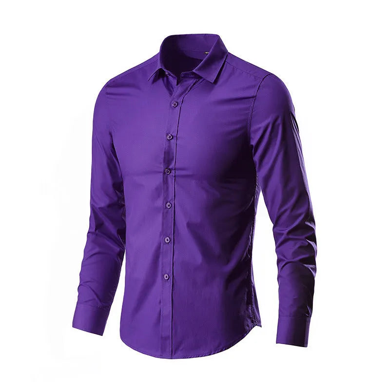 Loose fit long sleeve linen shirt on a hanger, shown in a light colour.