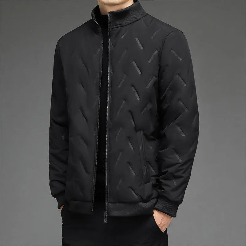 Men's fleece-lined stand collar cotton-padded coat in khaki, polyester fill, cold weather wear