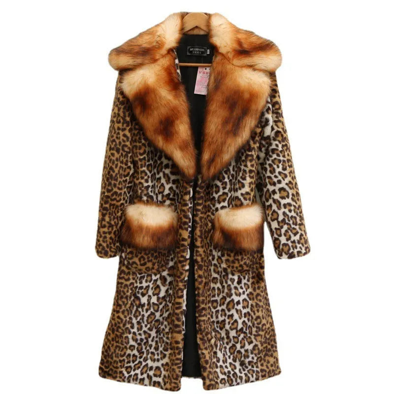 Leopard print long artificial fur jacket for women on a hanger, showing full 80cm length.
