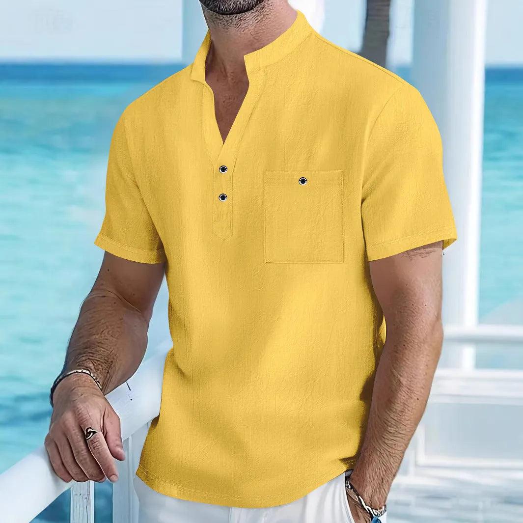 Men's apricot-coloured linen blend T-shirt with a stand collar and short sleeves on a hanger.