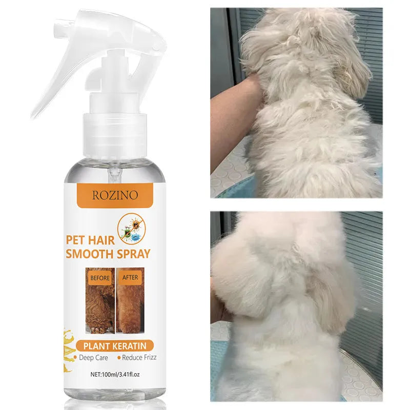Pet-specific anti-static anti-knotting odour removing grooming spray in 100ml bottle for dogs and cats