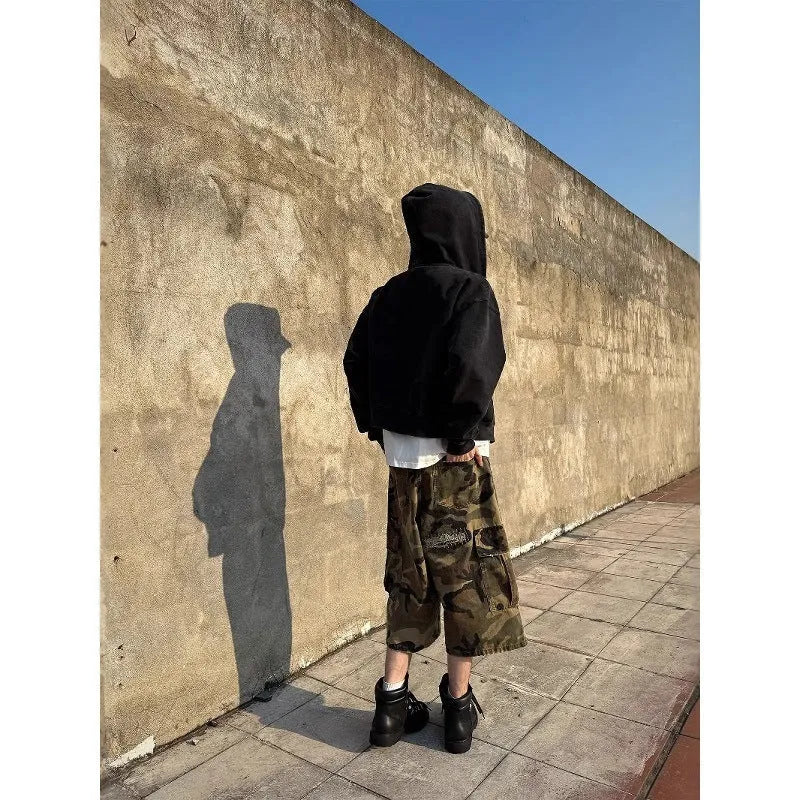 Men's camouflage cropped jeans with patch ripped detailing and straight leg cut