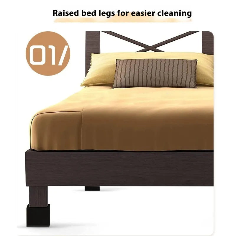 Four black plastic furniture foot mats for height adjustment and floor protection