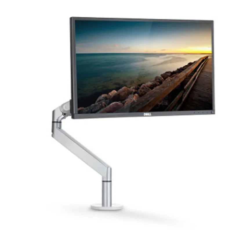 Silver aluminium laptop stand with an adjustable air-pressure arm holding a notebook