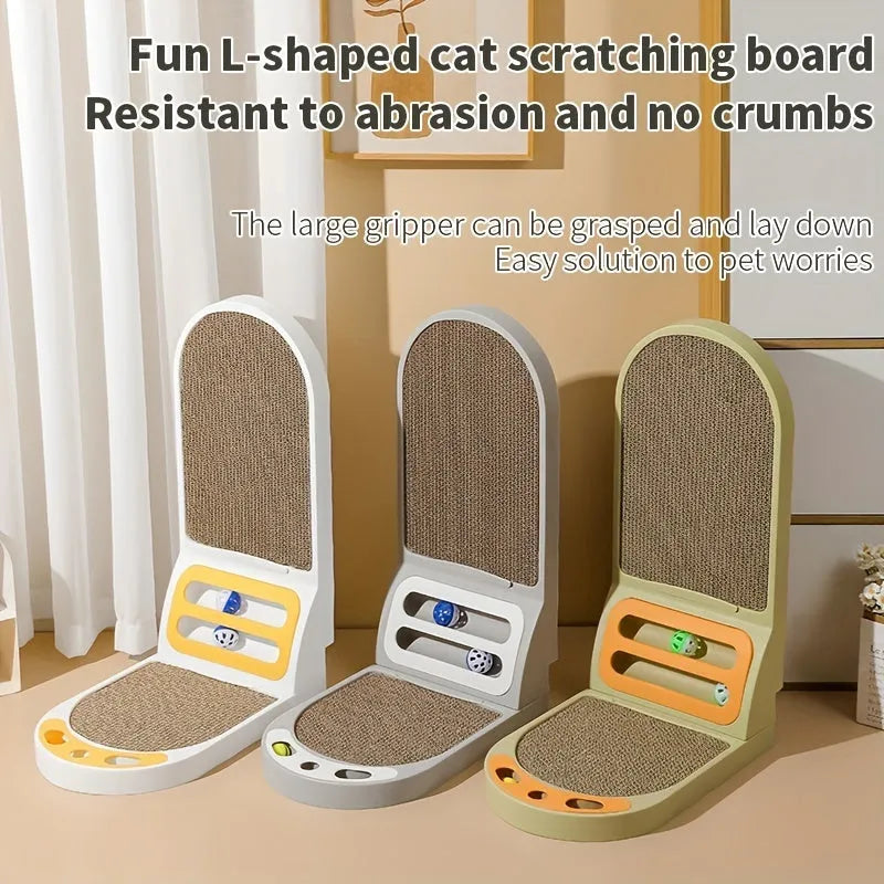 Grey L-shaped vertical cat scratching board made of thick corrugated cardboard on a floor.