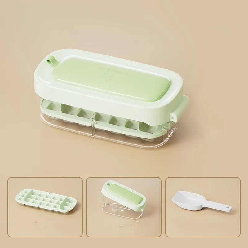 Food-grade high-capacity ice cube tray in blue with integrated storage for an ice shovel.