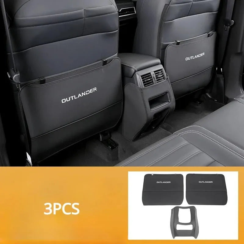 Three genuine leather anti-kick pads for Mitsubishi Outlander seat and console protection.