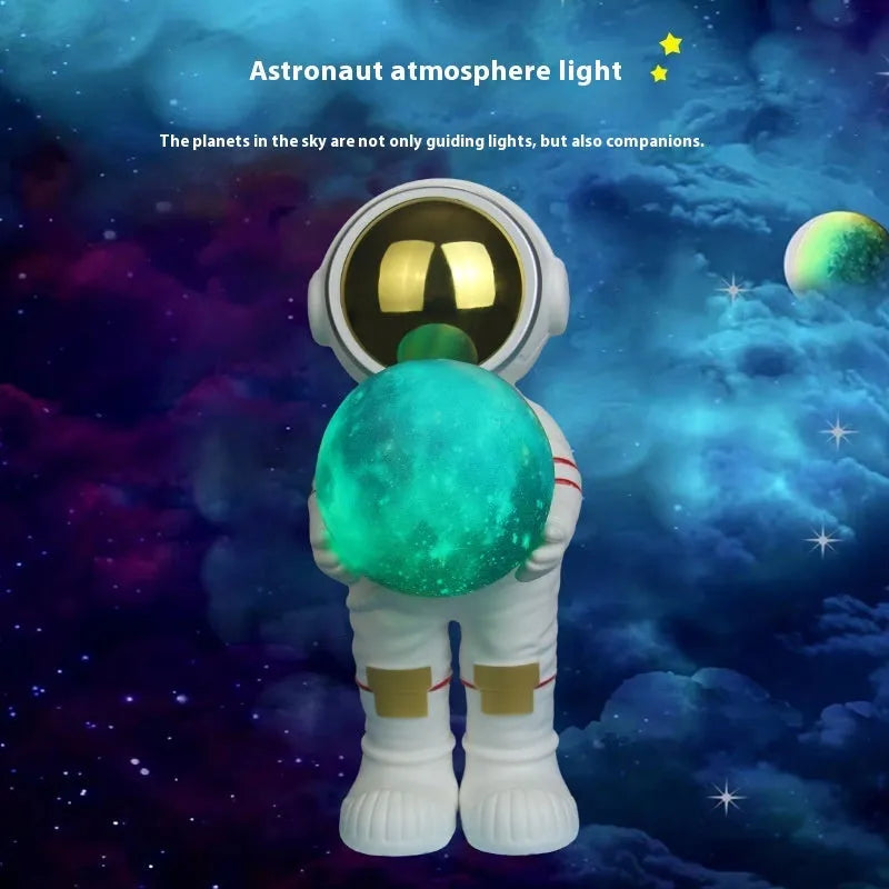 Spaceman starry sky projection lamp on a table, showing star pattern projection