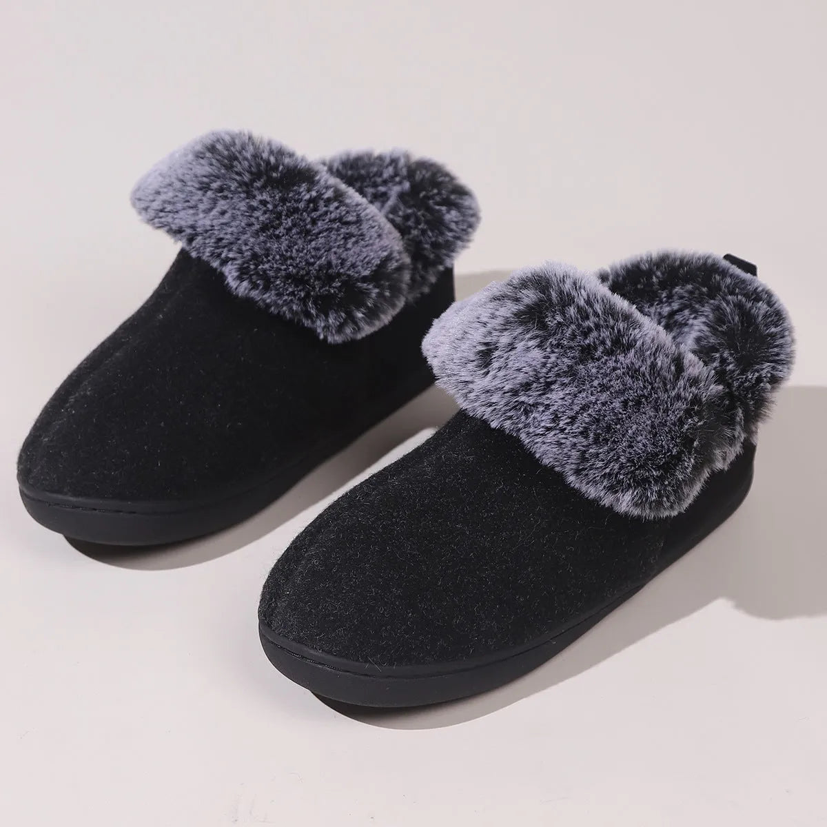 Wine red felt slippers with fur collar and synthetic leather upper for winter indoor use