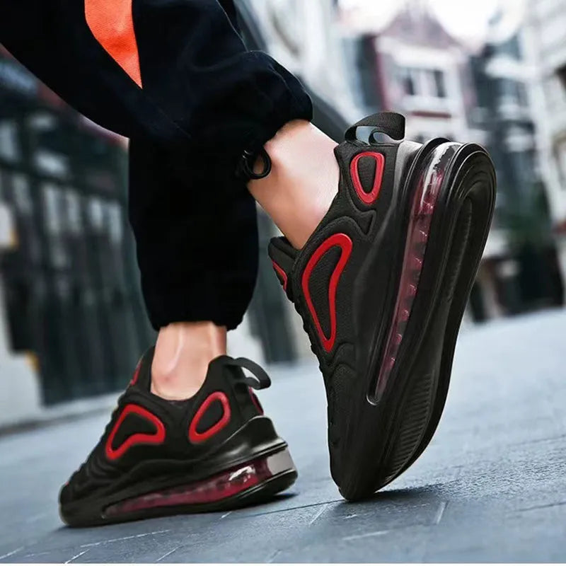 Men's black lace-up sneakers with a thick sole and round toe for outdoor sports.