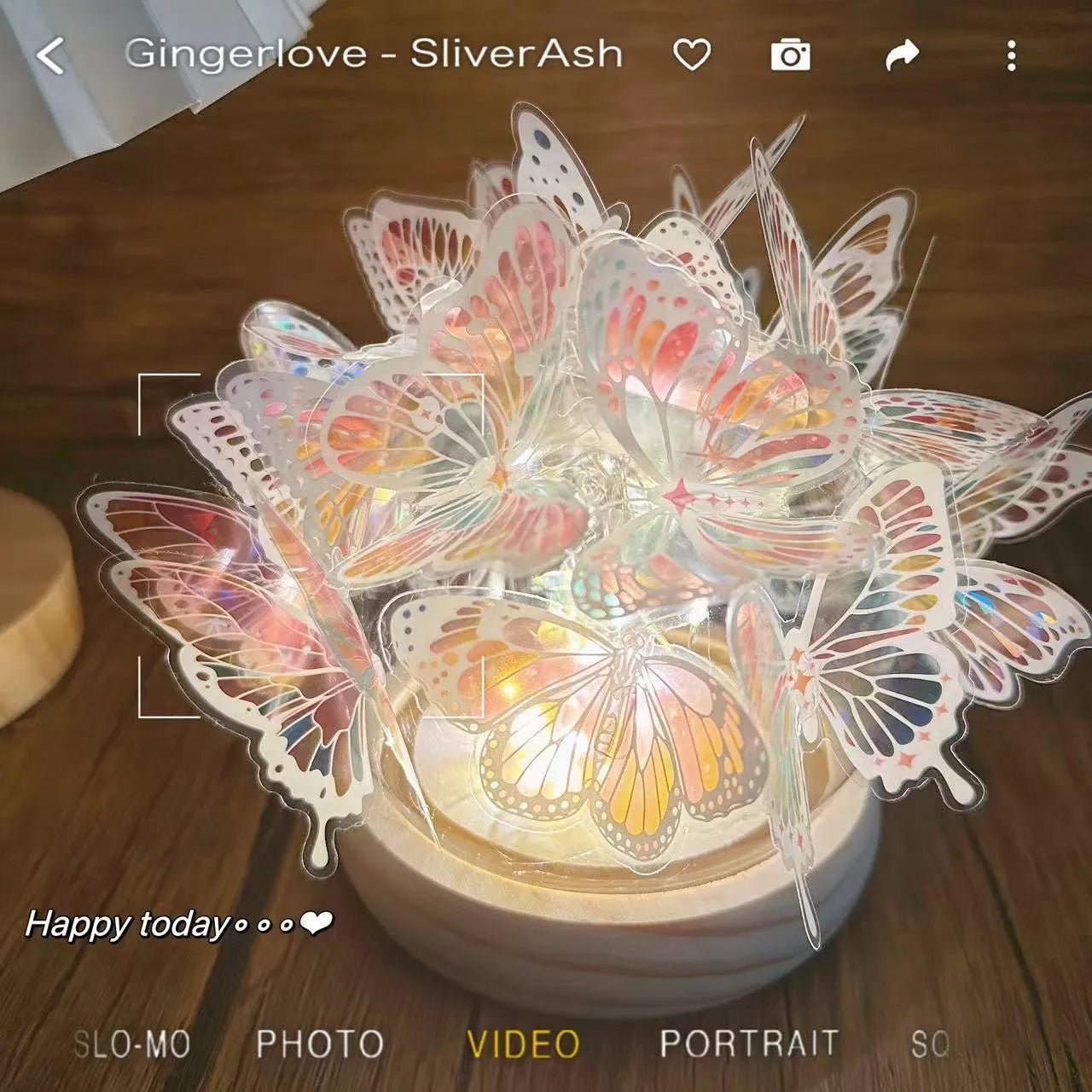 Butterfly night lamp with glass shade on wood base for bedroom bedside lighting