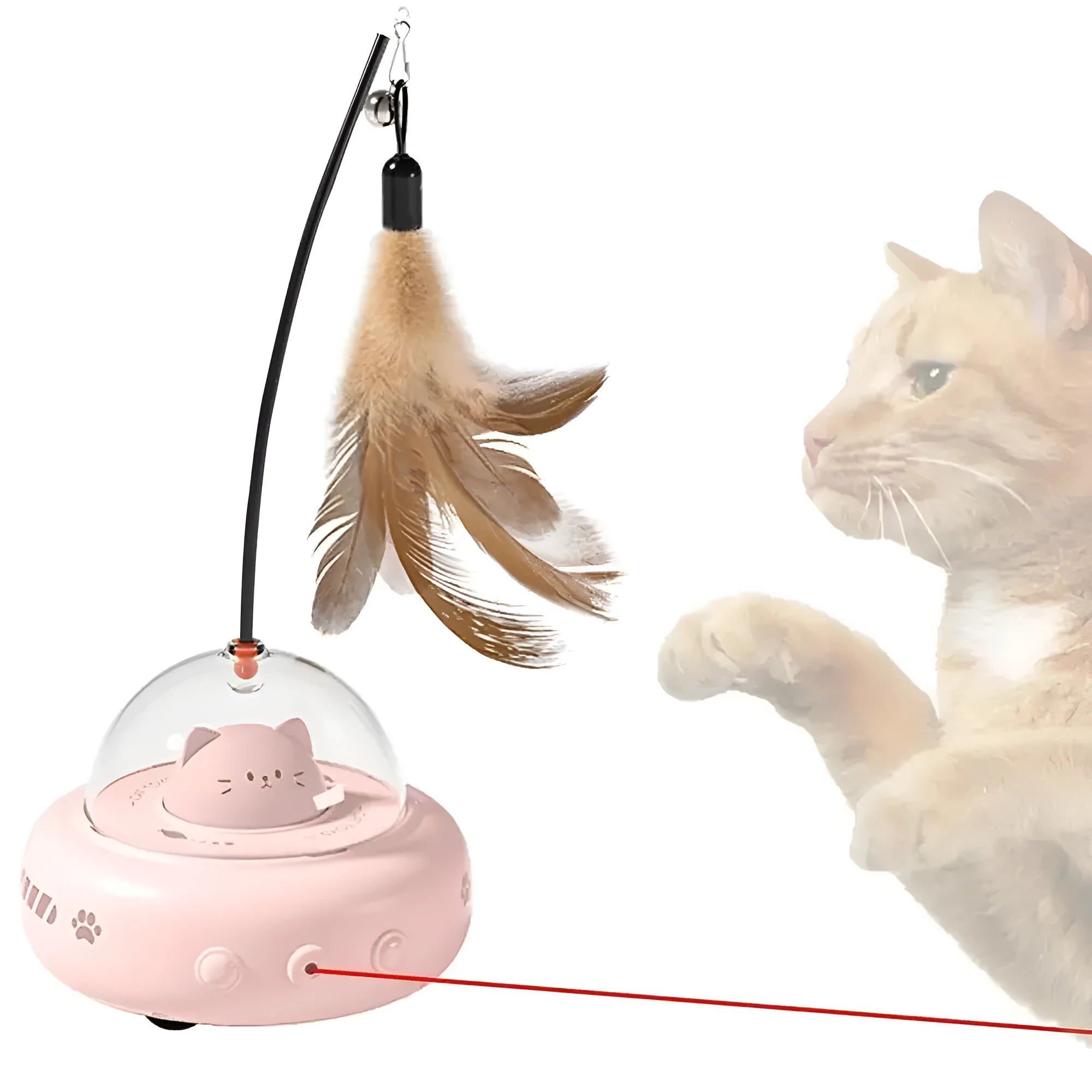 Electric interactive cat toy with feather teaser, 360 red light beam, ABS body and TPR wheels, in pink colour