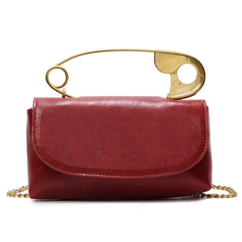 Creative paper clip design PU leather shoulder handbag in horizontal square shape with sandwich pocket