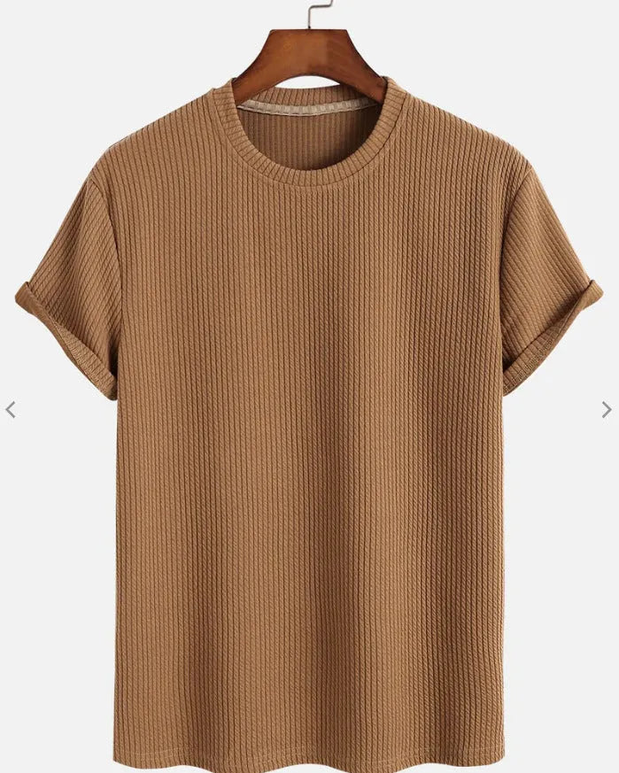Men's solid colour loose round neck T-shirt in chemical fibre blend, available in black and other colours, sizes S to XL