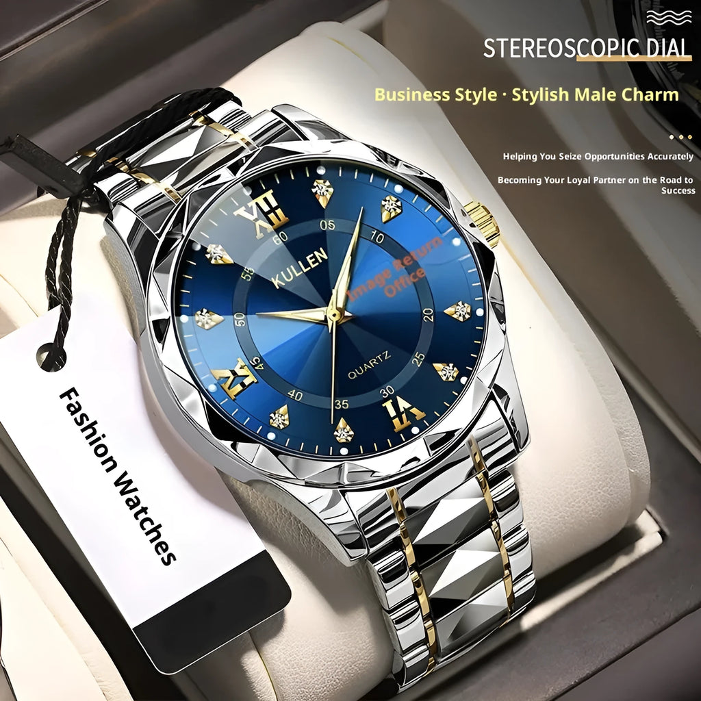 42mm round quartz watch with screw-down crown, luminous function, and single fold alloy clasp in silver and blue face