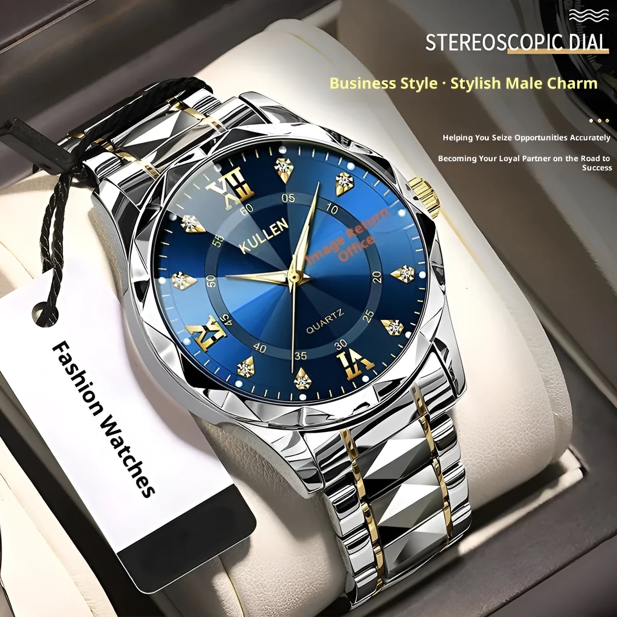 42mm round quartz watch with screw-down crown, luminous function, and single fold alloy clasp in silver and blue face