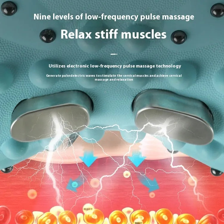 Blue-green cervical spine massage pillow showing EMS technology and hot compress function