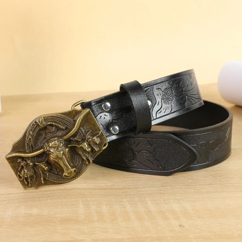 Men's brown imitation leather belt with a detailed silver alloy cow head buckle and pin buckle fastening.