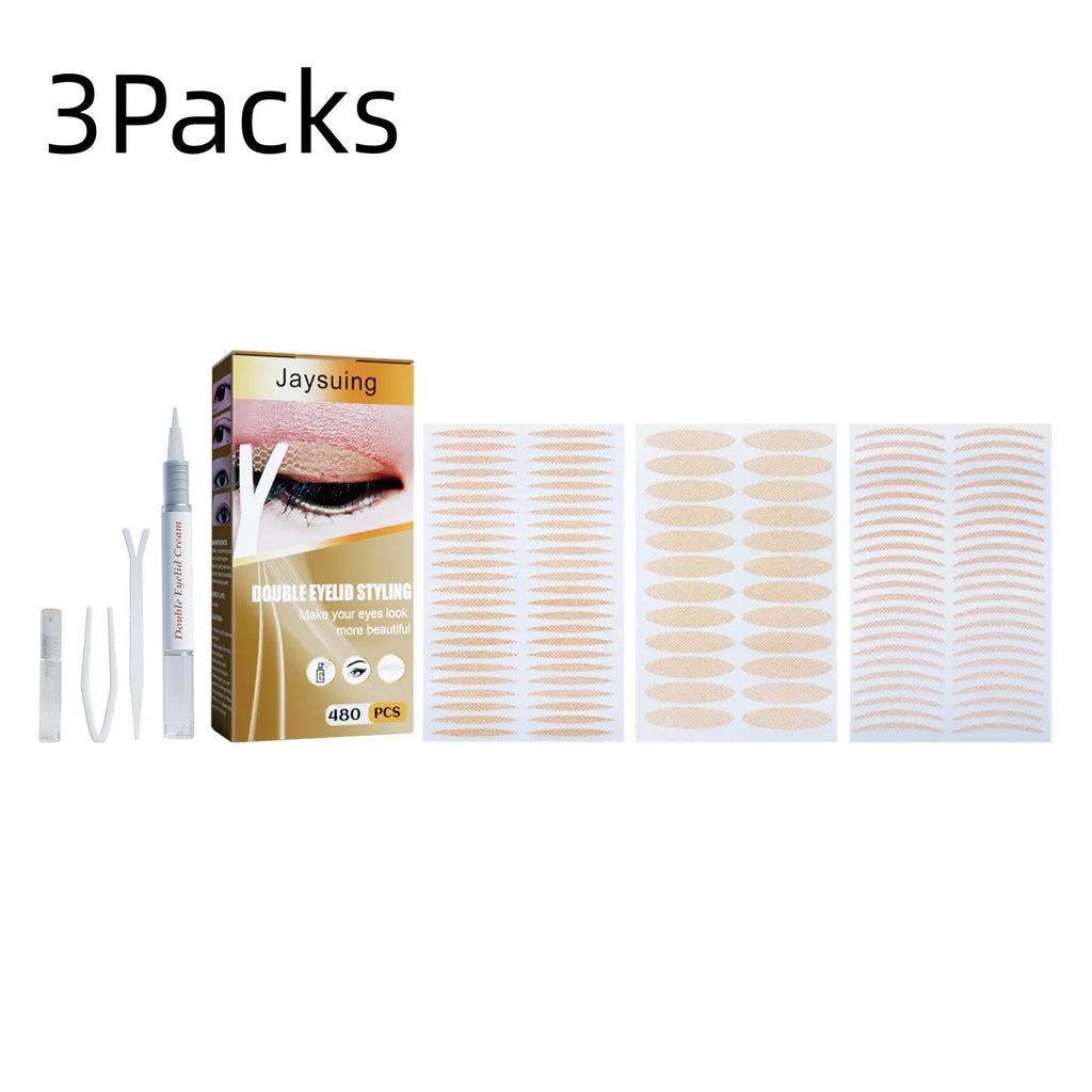 Double eyelid sticker set with 480 invisible pieces, Y clip, small clip, spray bottle and styling cream for natural eyelid crease