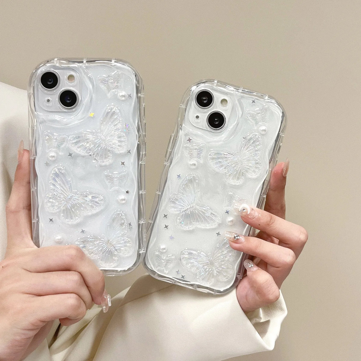 Transparent silicone iPhone case with curved cement white epoxy butterfly, drop-resistant, for iPhone 11-15 Pro Max.