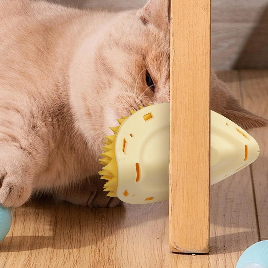 Yellow durian-shaped cat corner scratcher and massage comb toy for indoor cats.