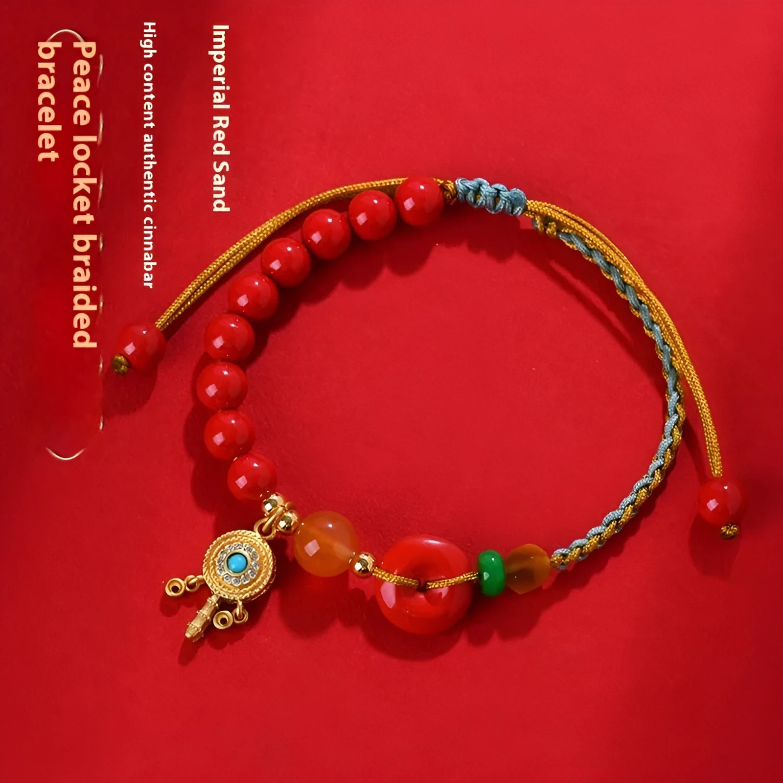Red hand-woven cinnabar bracelet with geometric peace blessing buckle charm