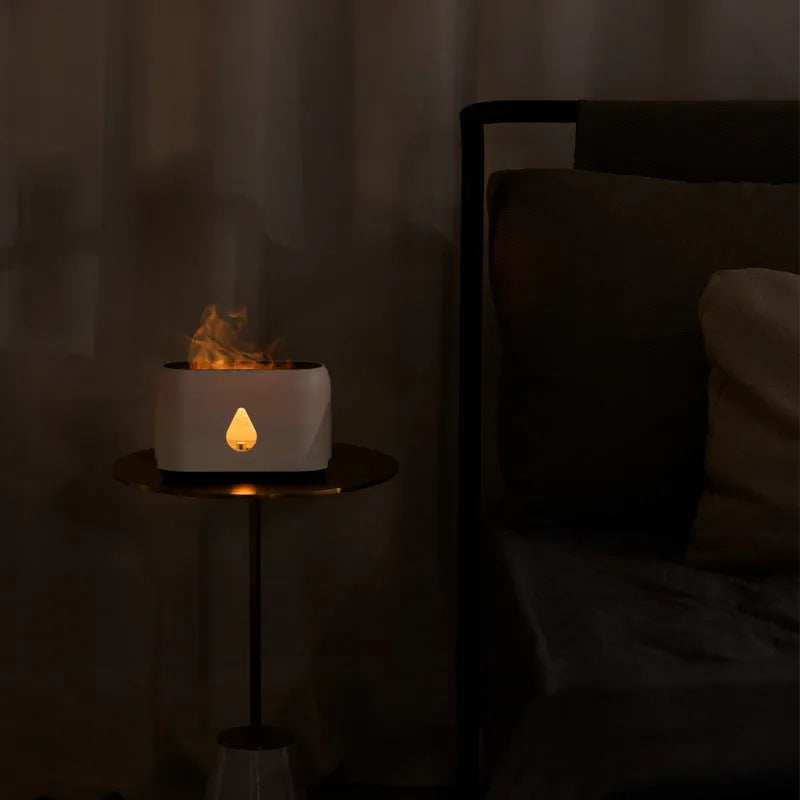 Mini remote control flame diffuser air humidifier in white with USB cable, round plastic shape