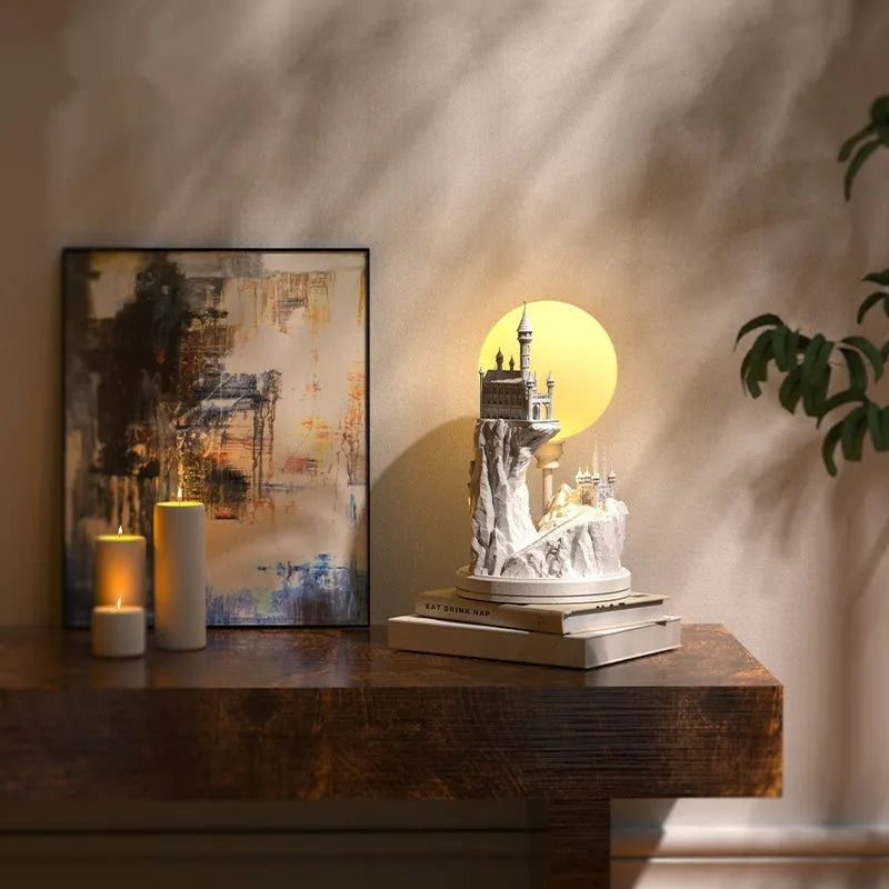 White composite gypsum desk lamp with wire control switch on plain background